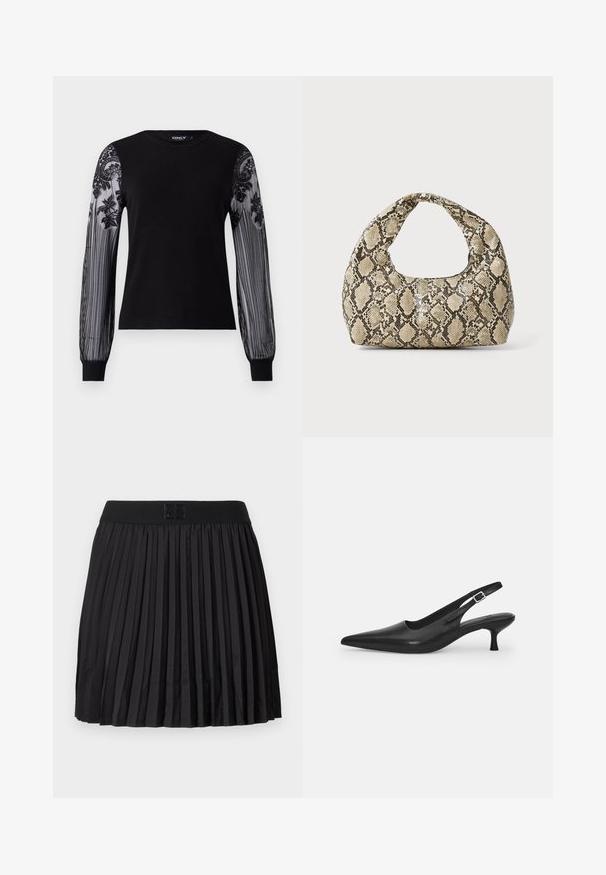Maglietta nera a maniche lunghe con corpo in maglia solida e maniche in rete trasparente e testurizzata, caratterizzate da ricami floreali e motivo a strisce sui polsini.; Gonna nera plissettata con una texture liscia, dotata di una vita nera unita e un dettaglio del logo impresso sul davanti.; Scarpa slingback nera in pelle con punta affusolata e tacco sottile e curvato. Presenta una discreta fascia regolabile con una fibbia in metallo.; Borsa a stampa rettile con manico curvo. Realizzata in materiali testurizzati beige e marroni, presenta un distintivo motivo a rombi.