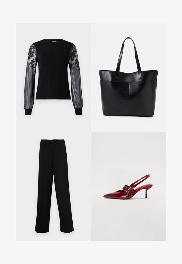 Mustmustelne pikkade varrukatega tops, millel on ühtlane kudumikeha ja läbipaistvad tekstureeritud võrksleevid, millel on lilleline tikand ja triibuline muster varrukaotsades.; Musta laiad püksid siledast kangast, millel on klassikaline vöökoht, nööbiga sulgemine ja ees voldid.; Punased lakknahast slingback kontsad, millel on terav varvas, kaks luku rihma ja saledat, keskmise kõrgusega stiletto kontsad. Sile tekstuur.; Must mustaga musta nahast, millel on kaks pikka kanda, sile tekstuur ja struktureeritud kuju. Esipoolsel on lisakoti jaoks tasku.