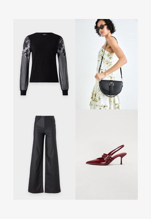 Maglietta nera a maniche lunghe con corpo in maglia solida e maniche in rete trasparente e testurizzata, caratterizzate da ricami floreali e motivo a strisce sui polsini.; Pantaloni neri a gamba larga in materiale similpelle. Presentano un vita alta, passanti per la cintura, due tasche frontali e dettagli cuciti.; Décolleté slingback in vernice rossa con punta affusolata, due cinturini con fibbia e un sottile tacco a stiletto di media altezza. Texture liscia.; Borsa a tracolla nera in pelle con una forma curva, manico rimovibile e accessori dorati. La borsa presenta una patta con un dettaglio a fibbia.