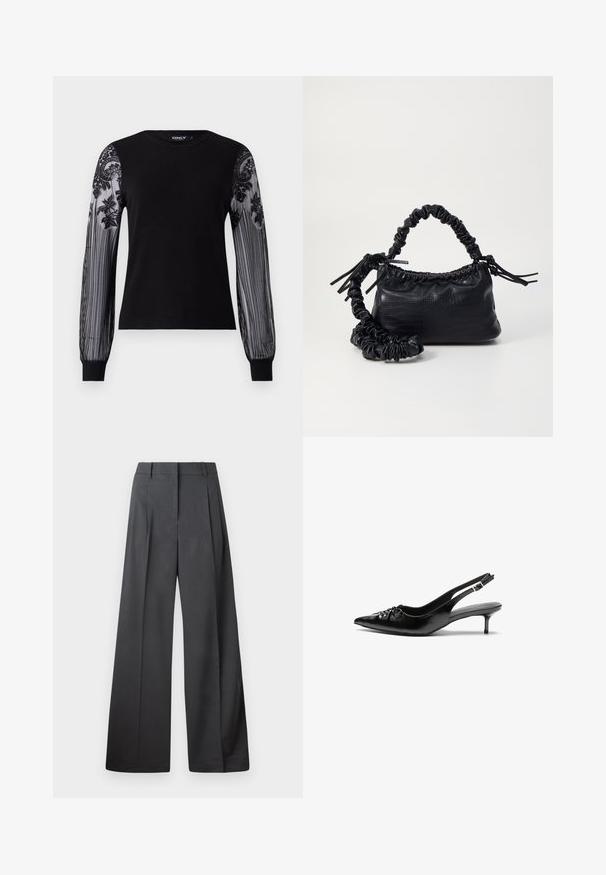 Fekete, hosszú ujjú felső, egyszínű kötött testtel és áttetsző, texturált hálós ujjakkal, amelyek virágmintázattal és csíkos mintával rendelkeznek a mandzsettákon.; Széles szárú nadrág sötétszürke anyagból, magas derekú, egyes redőkkel, sima textúrával és tiszta befejezéssel a szegélyeken.; Fekete bőrből készült slingback magassarkú cipők hegyes orral, kis francia sarokkal és díszes csomóval az elején. Az egész felületen sima textúra.; Fekete műbőr kézi táska krokodil bőr textúrával, összehúzható tetejű és gyűrt pánttal. Lágy és kompakt dizájnúnak tűnik.