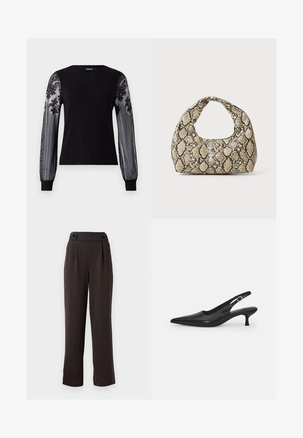 Sort langærmet top med en ensfarvet strik-krop og gennemsigtige, teksturerede meshærmer med blomsterbroderi og stribet mønster ved manchetterne.; Morkebrun skræddersyede bukser med en glat stoftekstur, der har høj talje, to foran læg og dekorative sorte knapper på taljen.; Sort læder slingback-sko med spids tå og en slank, buet hæl. Har en diskret justerbar rem med en metalspænde.; Slangeprint håndtaske med et buet håndtag. Lavet af strukturerede, beige og brune materialer, med et karakteristisk diamantmønster.