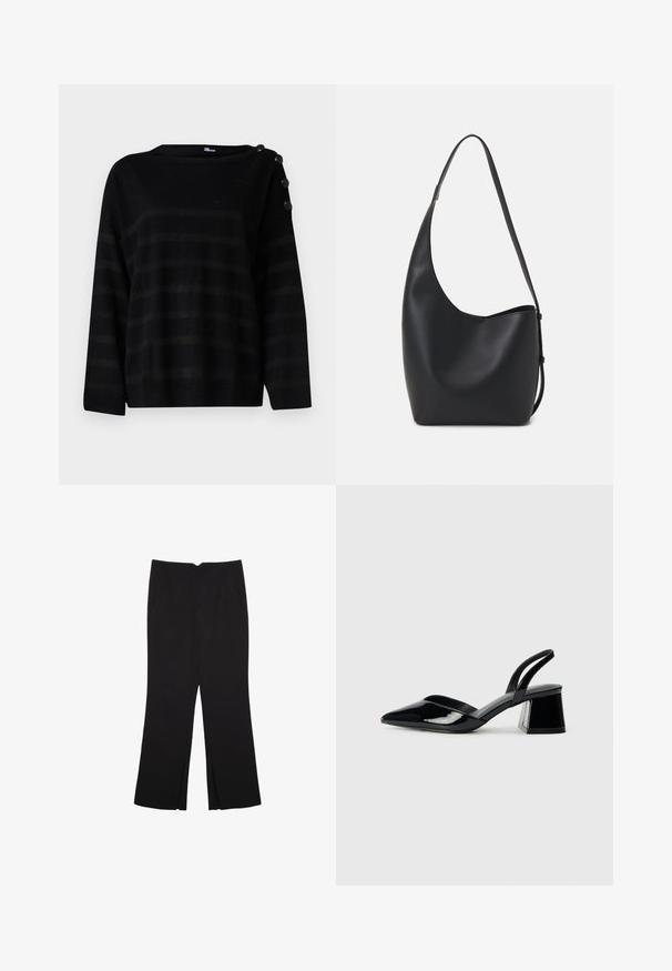 The Kooples Neule - black; Mustat housut suoralinjaisella leikkauksella, joissa on etutaskut ja sivurei'ät helman alla. Valmistettu pehmeästä ja sileästä kankaasta. Sopii eri tilaisuuksiin.; Mustat patentoitu nahkakengät, joissa on säären takaosa ja terävä kärki, sekä geometrinen palikkakorko. Sisältää tyylikkään, minimalistisen muotoilun ja sileän pinnan.; Musta nahkainen hobo-laukku, jossa on sileä pinta, kaareva muoto ja yksi säädettävä olkahihna; sisäänkäynti on leveä ylhäältä.