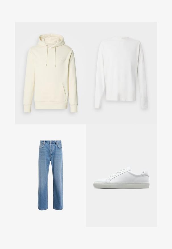 Crème-kleurige hoodie met een buidel zak aan de voorkant, een trekkoord capuchon en een reliëflogo op de borst. Zacht materiaal met ribboorden aan de mouwen en onderkant.; Witte katoenen blouse met lange mouwen en een ronde halslijn, met zijsplitten aan de onderkant en een gladde textuur, vanuit de achterkant weergegeven.; Lichtblauwe denim jeans met een straight-leg ontwerp, vijf zakken, knoopsluiting, minimale vervaging en contrasterende stikseldetails.; Witte sneaker met een gladlederen bovenwerk en een laag profiel. Voorzien van een ronde neus, zes vetergaatjes en een gestructureerde rubberen zool.