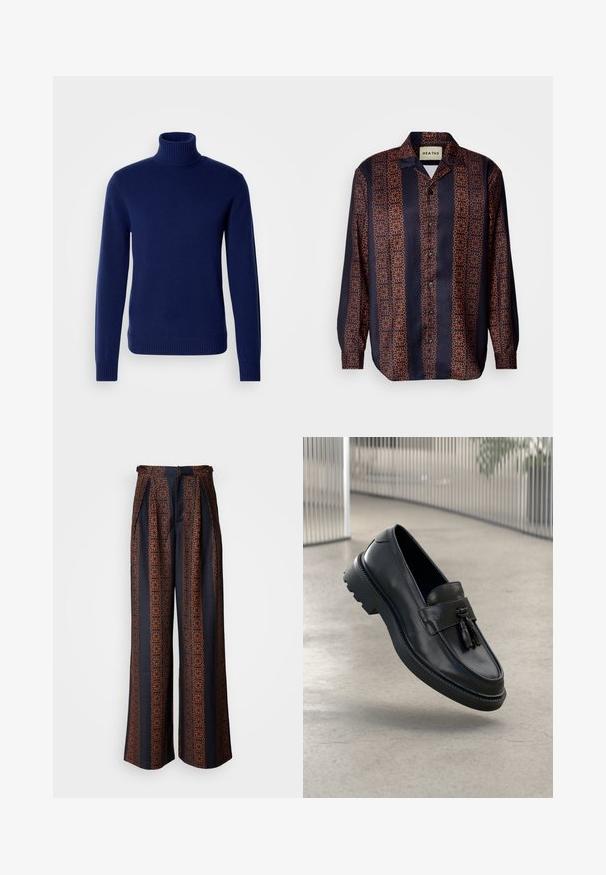 Pullover de gola alta azul-marinho feito de material de malha suave. Apresenta uma gola, punhos e bainha canelados. Design simples e ajustado, sem padrões visíveis.; Camisa azul-marinho abotoada com um padrão geométrico floral em tons de laranja. Apresenta colarinho e mangas longas com punhos abotoados.; Calças largas em tecido azul-escuro com um intrincado padrão geométrico laranja, apresentando frente plissada e uma cintura ajustada.; Mocassins de couro preto com acabamento liso, tassel decorativo, sola grossa de borracha e detalhes costurados. Design leve e elegante.