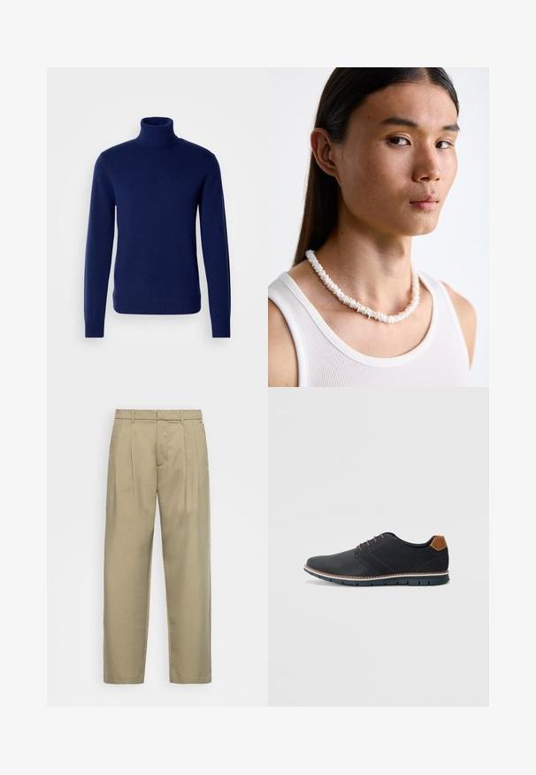 Meriino sininen turtleneck-paita, joka on valmistettu pehmeästä neuloksesta. Siinä on ribattu kaulus, hihansuut ja helma. Yksinkertainen, vartalonmyötäinen muotoilu ilman näkyviä kuvioita.; Beige, korkeavyötäröiset housut suoralla leikkauksella, joissa on tasainen etuosa, sivutaskut ja sileä, teksturoitu kangas.; Mustat synteettiset kengät, joissa on teksturoitu päällinen, sileät yksityiskohdat, ruskea kanta ja erottuva pohja. Ominaisuuksina minimaalinen nauhoitus ja ompeluyksityiskohdat.; Valkoinen simpukkaketju, joka koostuu epäsäännöllisistä muodoista, worn valkoisen tiukan tanktopin päällä. Sujuva pinta, jossa on hienovaraista kiiltoa, tiukasti istuva muotoilu.