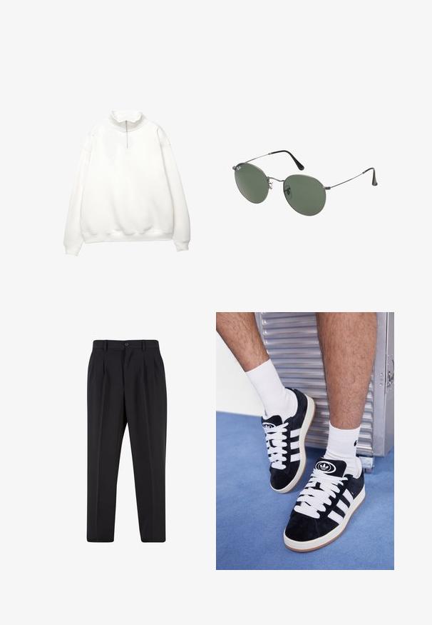 Biely pulover s vysokým golierom, polovičným zipsom na prednej strane a spustenými ramenami. Hladká textura s rebrovanými manžetami a lemom.; Čierne nohavice s plisovaným predným dizajnom, vyrobené z hladkej látky. Majú zapínanie na gombík a pútka na opasok; rovný strih.; Čierne semišové tenisky s bielymi šnúrkami a tromi bielymi pruhmi. Obsahujú kruhové čierne logo na jazyku a gumovú podrážku.; Sunglass s metalovým rámom s oválnymi zelenými šošovkami. Tenký strieborný kovový rám a čierne štuple za uši. Minimalistický dizajn, bez viditeľných log.