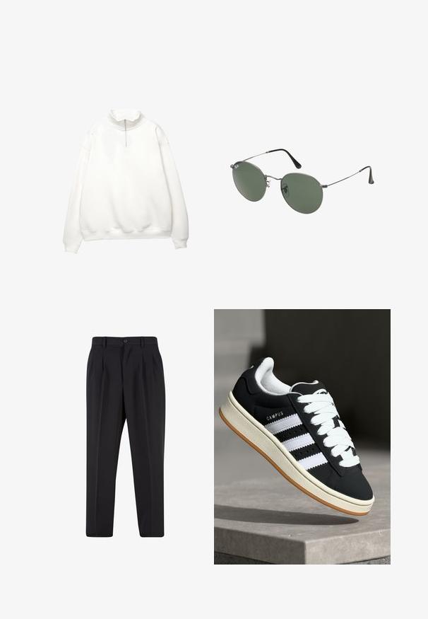 Vit tröja med hög krage, halvdragkedja framtill och sänkt axelsöm. Slät textur med ribbade manschetter och nederkant.; Svarta byxor med plisserad design framtill, tillverkade av slätt tyg. Har en knappstängning och bälteshällor; rak passform.; Svart sneaker med vita ränder, snörning, texturerad ovandel och gummisula. Har "CAMPUS"-logga på sidan och gummiyttersula.; Metallinramade solglasögon med ovala gröna linser. Tunn silvermetallram och svarta öronpluggar. Minimalistisk design, inga synliga logotyper.