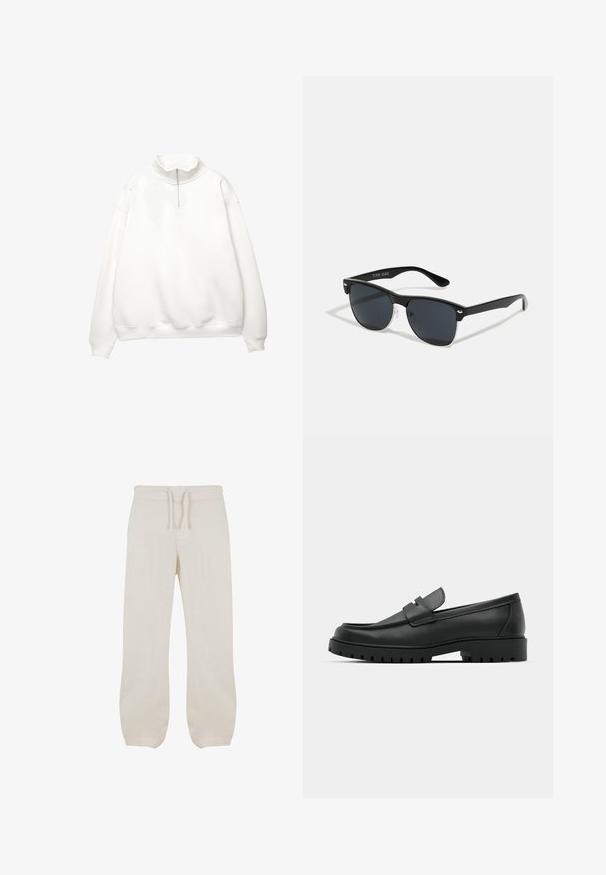 Beli pulover s kapuco in visokim ovratnikom, polovičnim zip zadrgo in padlimi rameni. Gladek material z rebrastimi manšetami in robom.; Svetlo bež lanene hlače z elastičnim pasom in vrvico. Ravne nogavice s gladko teksturo in blagim zoženjem pri gležnjih.; Črne usnjene loafers čevlje z zaobljenim nosom, ki imajo šivano zasnovo, nizko platformo in teksturiran, profiliran gumijast podplat.; Črne sončne naočare pravokotne oblike, temna leča, srebrni detajli na ušesih in mat površina na okvirju.