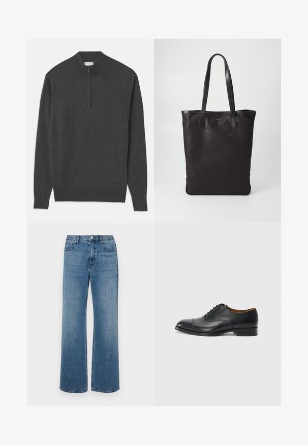 Tummanharmaa neulepusero, jossa on vetoketjukaulus, pitkät hihat, joustavat hihansuut ja helma, valmistettu pehmeästä kankaasta, jossa on sileä tekstuuri.; Valkoinen nappikauluspaita, jossa on hienovaraiset pystysuorat raidat, pitkät hihat, rintatasku ja klassinen pyöristetty helma.; Levelederg blå jeans laget av denim med en falmet finish. Har fem lommer, glidelås foran og rett snitt.; Mustat nahkakengät, joissa on sileä pinta, pyöreä kärki, viisi rei'itystä nauhoja varten ja matala lohko korko. Minimalistinen muotoilu hienovaraisella ompelulla.; Mustat kangaskassit mustilla nahkahandleilla. Yksinkertainen muotoilu, tilava runko ja sileä pinta. Ei näkyviä logoja tai kuvioita.
