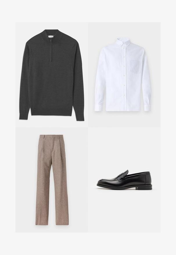 Tumši pelēks džemperis ar rāvējslēdzēja kakla daļu, garām piedurknēm, ribotām aprocēm un apakšmalu, izgatavots no mīksta auduma ar gludu tekstūru.; Balts garo piedurknēm krekliņš ar pogām, izgatavots no kokvilnas, ar krūšu kabatu ar tonālu izšuvumu, apkakli un pogām pie piedurknēm.; Brūni, augstos šortos izgatavoti no teksturēta auduma. Iezīmē plašas kājas un divas priekšējās krokas, kas nodrošina struktūru. Kārtīga apdare bez redzamām detaļām.; Melnas ādas kurpes ar gludu tekstūru, noapaļu purngalu un dekoratīvu siksniņu pāri priekšpusei. Zems sakrauts papēdis, minimālisma dizains.