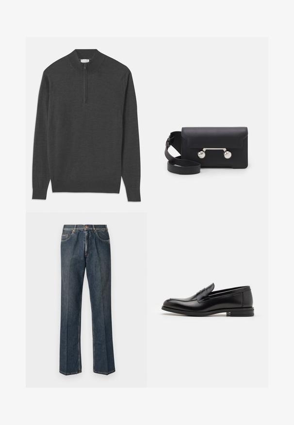 Temno siva pulover majica z zadrgo na vratu, dolgimi rokavi, rebrastimi manšeti in robom, izdelana iz mehkega blaga z gladko teksturo.; Temno modra kratka majica s kratkimi rokavi z belim napisom "neanche per sogno" sredi prsnega dela, okrogli izrez, velikost srednja.; Temno modri traper hlače ravnega kroja z gumbom spredaj, zadrgo, dvojnimi sprednjimi žepi in vidnimi navpičnimi gubami po nogah.; Črne usnjene loafer čevlje z gladko teksturo, zaobljenim nosom in dekorativnim trakom čez zgornji del. Nizka zložena peta, minimalističen dizajn.; Črna usnjena torbica za čez ramo z zapiranjem na preklop, srebrnimi dodatki in dvema okroglima okrasoma. Ima snemljiv trak. Gladka tekstura.