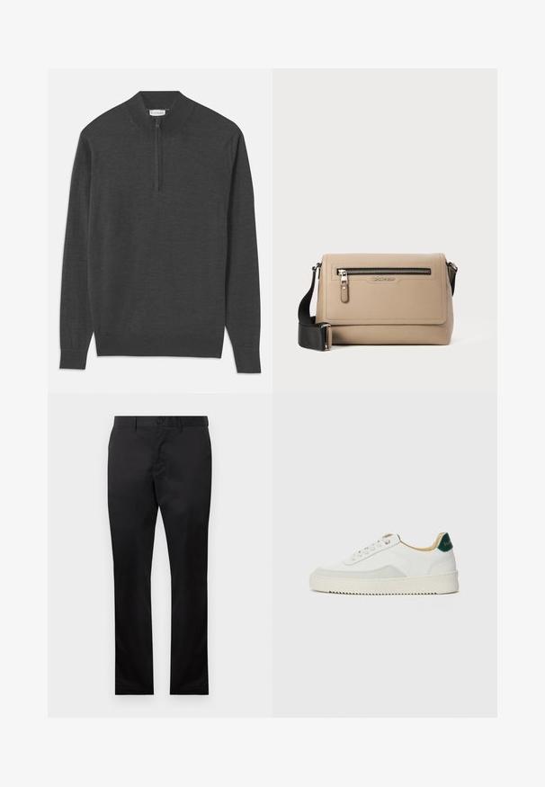 Tumehall pullover-sweater, millel on tõmblukk kaelas, pikad varrukad, soonikkud ja hem, valmistatud pehmest kangast, millel on sile tekstuur.; Mustad puuvillased püksid sirge jala disainiga, millel on ees nööp sulgemine ja küljetaskud, sile tekstuur, nähtavad mustrid puuduvad.; Valged tennisjalanõud, millel on sametised aktsendid, ümar varvas, lame nöörid ja kreemjas kummine põhja. Hästi nähtav roheline bränding kannal.; Beež nahast ristiõlakott, millel on tekstuuriga viimistlus, esiküljel lukuga tasku ja reguleeritav must rihm. Logoga esiosas.