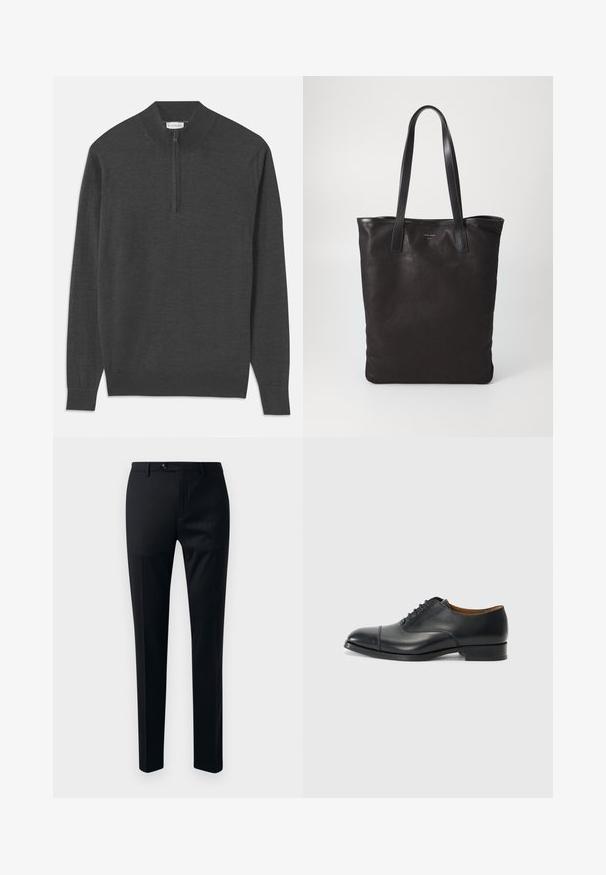 Sötét szürke pulóver, cipzáros nyakkal, hosszú ujjú, bordás mandzsettákkal és szegéllyel, puha anyagból, sima textúrával készítve.; Fekete öltöny nadrág sima anyagból, szűkített szárú fazonban, egysoros gombos záródással és oldalsó zsebekkel a praktikum érdekében.; Fekete bőr dress cipő sima felülettel, lekerekített orral, öt fűzőlyukkal és alacsony blokksarkal. Minimalista dizájn, finom varrásokkal.; Fekete vászontáska fekete bőr füllel. Egyszerű dizájn, tágas test és sima textúra. Nincsenek látható logók vagy minták.