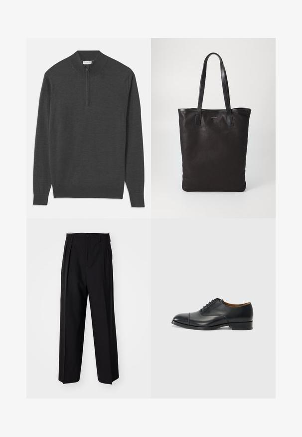Ciemnoszary sweter z zamkiem na szyi, z długimi rękawami, prążkowanymi mankietami i dołem, wykonany z miękkiego materiału o gładkiej fakturze.; Czarne plisowane spodnie o prostym, szerokim kroju nogawek. Wykonane z gładkiego materiału, z zapięciem na guzik i pętelkami na pasek.; Czarne skórzane buty wizytowe o gładkim wykończeniu, zaokrąglonym nosku, pięcioma oczkami na sznurówki oraz niskim, blokowym obcasie. Minimalistyczny design z subtelnymi przeszyciami.; Czarna torba na ramię z czarnymi skórzanymi uchwytami. Prosty design, pojemne wnętrze i gładka faktura. Bez widocznych logo ani wzorów.