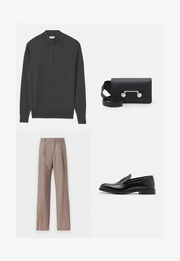 Temno siva pulover majica z zadrgo na vratu, dolgimi rokavi, rebrastimi manšeti in robom, izdelana iz mehkega blaga z gladko teksturo.; Rjave hlače z visokim pasom, izdelane iz teksturirane tkanine. Imajo široke noge in dve sprednji pregibi za strukturo. Urejen zaključek brez vidne strojne opreme.; Črne usnjene loafer čevlje z gladko teksturo, zaobljenim nosom in dekorativnim trakom čez zgornji del. Nizka zložena peta, minimalističen dizajn.; Črna usnjena torbica za čez ramo z zapiranjem na preklop, srebrnimi dodatki in dvema okroglima okrasoma. Ima snemljiv trak. Gladka tekstura.