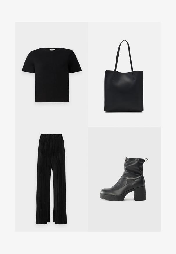 Črna, kratkolužična majica iz bombaža. Ima okroglo ovratnico in sproščen kroj. Enostaven dizajn brez vzorcev ali dodatkov.; Črne plisirane hlače z elastičnim pasom. Imajo široke noge in gladko, teksturirano tkanino z navpičnimi črtami.; Črne gležnjarje iz gladke kože z božnim zadrgo, masivnim teksturiranim peto in zaobljeno obliko prstov.; Črna usnjena torba s svilnato teksturo, pravokotne oblike in dvema dolgima ročajema. Brez vidnih metalnih delov ali okrasnih elementov.