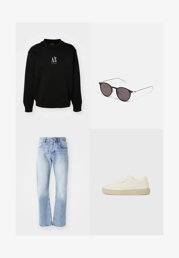Hanorac negru dintr-un material moale, cu guler rotund, manșete ribbate și un logo alb pe piept. Design simplu și fără ornamentații.; Jeans din denim de culoare bleu deschis, cu croială dreaptă. Prezintă un design cu cinci buzunare, fermoar cu nasturi și o textură estompată spre partea de jos.; Adidași albi din pânză cu o talpă din cauciuc texturată, având un vârf cusut și un accent cu logo pe călcâi. Design simplu cu șireturi.; Ochelari de soare negri rotunzi cu lentile întunecate și brațe metalice subțiri. Include vârfuri transparente pentru brate și accente argintii la balama. Design minimalist.