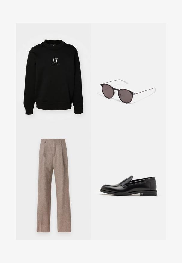 Fekete pulóver puha anyagból, kerek nyakkal, bordás mandzsettával és fehér logóval a mellkason. Egyszerű és dísztelen kialakítás.; Barna, magas derekú nadrág texturált anyagból. Széles szárai és két elülső redője biztosítja a struktúrát. Ízléses kivitel, látható fémszerelés nélkül.; Fekete bőr loaferek sima textúrával, kerek orral és dekoratív pánttal a vampnál. Alacsony, rétegelt sarkú, minimalista dizájn.; Fekete kerek napszemüveg sötét lencsékkel és karcsú fém szárakkal. Átlátszó szárvégeket és ezüst részleteket tartalmaz az ívnél. Minimalista dizájn.