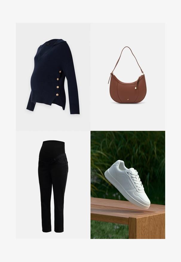 Tumši zilo grūtniecības džemperi ar V-veida kaklu, ripuļu tekstūru un zelta pogu akcentiem sānos, ar brīvu pārmērīgu piegriezumu.; Melni grūtniecību džinsi ar elastīgu augstu jostas vietu un slaidām kājām, kas radīti komfortam un atbalstam grūtniecības laikā.; Baltie sporta apavi ar gludu sintētisku augšpusi, perforētu pirkstu daļu, plakani šņorēm un rakstainu zoli, novietoti uz koka virsmas.; Brūns mākslīgās ādas pleca soma ar izliekta forma, minimāls šuvums un zelta toņa aparatūras akcenti. Aprīkota ar augšējo rāvējslēdzēju un regulējamu siksnu.