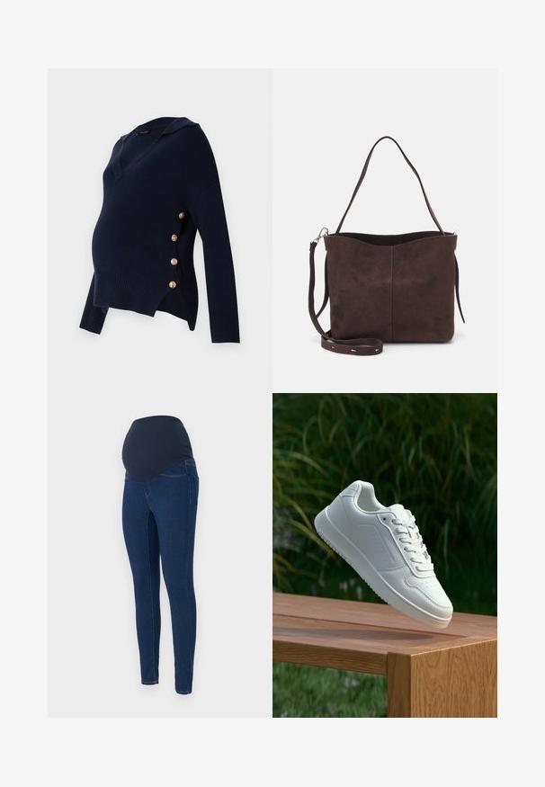 Marineblå gravidsweater med V-hals, ribbet tekstur og gullknappdetaljer langs siden, med en avslappet og oversized passform.; Graviditetsjeans i mørkeblå denim, med en stretchy mørk midje og en slim-fit design med lommer.; Hvite sneakers med en glatt syntetisk overdel, perforert tåboks, flate snørebånd og en teksturert såle, vist på en treflate.; Brun semsket stoff tote-veske med en myk tekstur, som har en enkelt skulderrem og en subtil buet toppåpning. Ingen synlige maskindetaljer.