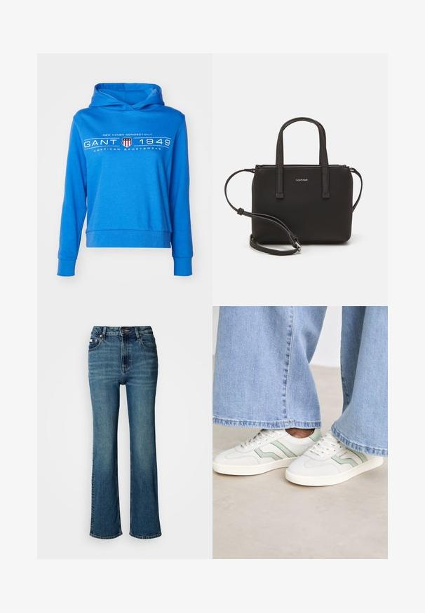 Zils kokvilnas hoody ar priekšējo kangaroo kabatu, ribotām piedurknēm un apakšmalu. Iespējots "GANT 1949" logo baltā krāsā uz krūšu daļas.; Augsta vidukļa zilie dūmu džinsi, kas izgatavoti no džinsa auduma, ar taisnu kāju dizainu, vieglu izbalējumu un standarta pogu un rāvējslēdzēja aizdari.; Baltas sporta apavi ar gaiši zaļiem akcentiem, teksturēta āda un plakanām gumijas zolems. Savienoti ar platām džinsa biksēm.; Melns roku soma ar divām īsām rokturiem un noņemamu plecu siksnu. Gluda ādas līdzīga materiāla ar rāvējslēdzēja aizdari un logos detaļu.