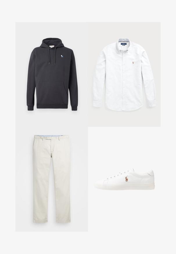 Tumehall kapuutsiga sweatshirt, millel on ees tasku ja väike valge ja sinine linnulogo vasakul rinnal.; Valge pikasa sleeves, nupuga särk, mis on valmistatud puuvillast. Omab laia kraed, nupuga kinnitust ja rinna piirkonnas väikest tikkimist logoga.; Beeži puuvillased chinosid, millel on lame eesosa, vöökohataod ja küljetaskud. Sirge jalgade disain sujuva tekstuuriga ja kerge, hingava tunnetusega.; Valged nahast tossud, madala ülaservaga disain, millel on sile tekstuur, ümar varvas, nööridega esiosa ja väike tikand logoga küljel.