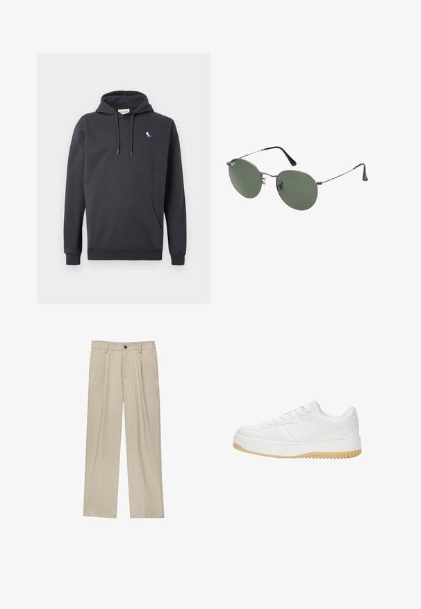 Felpa con cappuccio grigio scuro, dotata di tasca frontale e piccolo logo di un uccello bianco e blu sul lato sinistro del petto.; Polo bianco in cotone, con colletto classico, maniche corte e un piccolo logo navy sul lato sinistro del petto. Placca con due bottoni.; Pantaloni beige a taglio dritto, con un solo bottone nero, passanti per la cintura e tasche laterali. Tessuto dalla texture liscia e design minimale.; Sneaker bianco in pelle con finitura testurizzata, dotata di suola in gomma, design con lacci e sottili accenti a strisce sui lati.; Occhiali da sole con montatura in metallo e lenti verdi ovali. Montatura sottile in metallo argento e terminali neri. Design minimalista, senza loghi visibili.