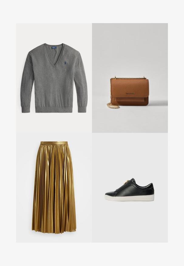 Pilkas V formos kaklo megztinis, pagamintas iš minkštos mezginio medžiagos, su ilgomis rankovėmis. Yra mažas mėlynas logotipas kairėje krūtinės dalyje ir gipiūro apdaila.; Aukso spalvos plisėta maxi sijonas su blizgiu paviršiumi, turintis aukštą liemenį ir puikiai krentančią tekstūrą, tinkantis įvairioms progoms.; Juodos odinės slydimo bateliai su pakeltu siūlu, sidabrinėmis detalėmis ant viršaus ir baltu guminiais padais, kuris išsiskiria iškilmingu ženklinimu.; Ruda tekstūruota odinė per petį nešama rankinė su auksiniu grandininiu dirželiu ir užlenkiamo užsegimo. Priekinėje pusėje yra logotipo detalė ir kišenė po užlenkimu.