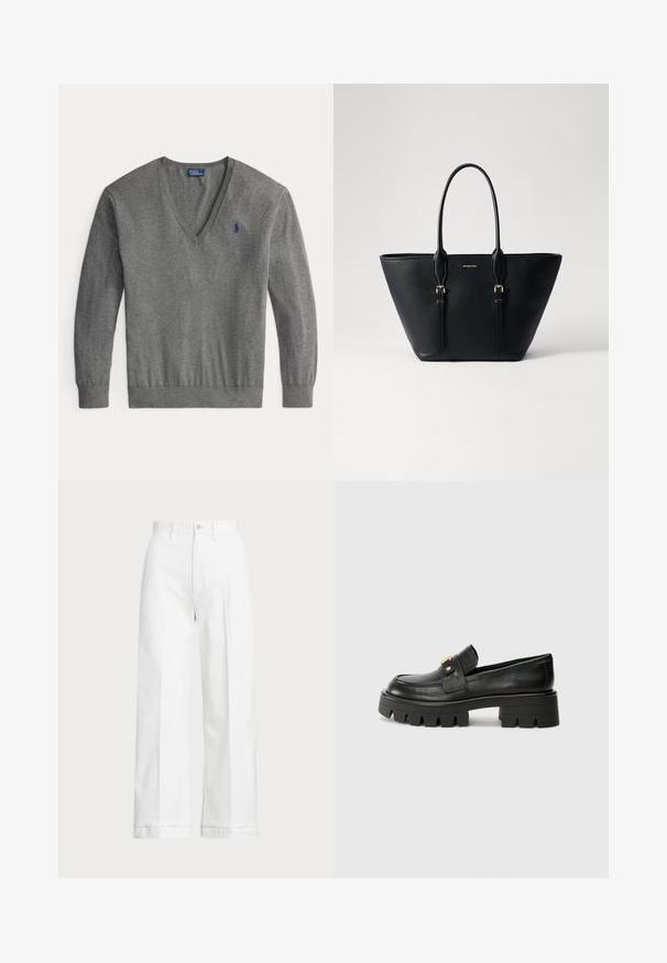 Grå v-halsgenser laget av myk strikket stoff med lange ermer. Har en liten blå logo på venstre bryst og en ribbestrikket kant.; Hvite vidde bukser med høy midje, med knappelukking og subtile sømdetaljer. Laget av bomull med en glatt tekstur.; Sorte skinnloafers med en kraftig såle, med en gulltoneakcent foran og en jevn finish. Kraftig mønsterdesign på sålen.; Svart lær tote-veske med teksturert overflate, forlenga fasong, doble håndtak og detaljer i gullfarge.