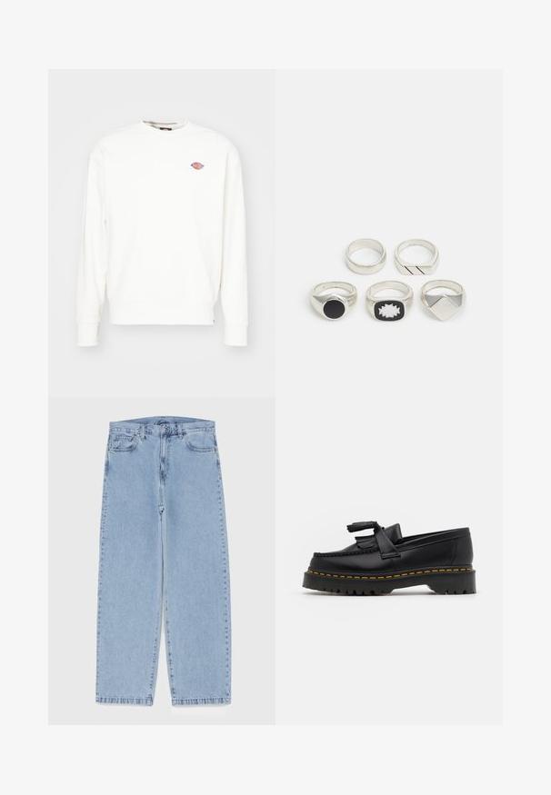Sudadera blanca de algodón, con cuello redondo, mangas largas y un pequeño logo de color en el pecho. Textura suave y corte relajado.; Jean de mezclilla azul claro con diseño de pierna recta, con una cintura de altura media, cinco bolsillos y un cierre de botón y cremallera.; Mocasín de cuero negro con un acento de borlas, que presenta una suela gruesa negra y costuras amarillas a lo largo del borde. Acabado texturizado.; Cinco anillos de plata: uno con un detalle circular negro, uno con un patrón geométrico en blanco y negro, y otros con diversas formas y acabados.