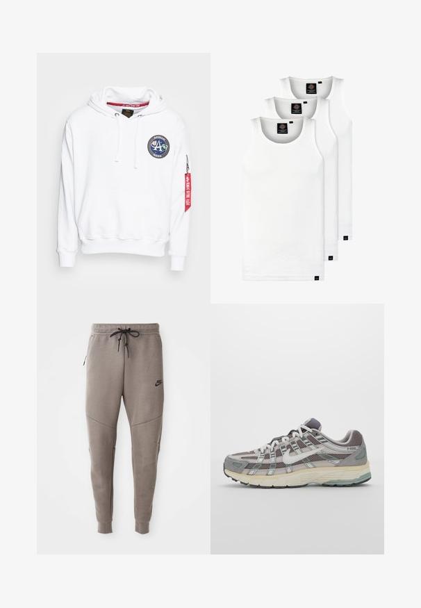 Alpha Industries MISSION HOODY - Camisola - white; Três tops em algodão de alças brancas com nervuras. Apresentam um decote redondo e pequenas etiquetas pretas perto da bainha. Disponíveis em vários tamanhos.; Calças de treino cinzentas da Nike com um cós elástico ajustável, pernas ajustadas, bolsos laterais e pormenores de costura distintos. Tecido suave e texturizado.; Sapatilha atlética cinza com parte superior em malha e camurça, detalhes brancos, sola acolchoada e um design distinto com elementos refletivos.