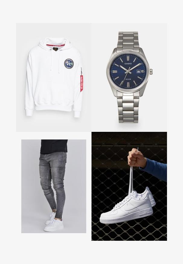 Alpha Industries MISSION HOODY - Felpa con cappuccio - white; Jeans skinny in denim grigio sbiadito, con dettagli strappati sulle ginocchia, abbinati a sneakers bianche. Texture liscia, design slim fit.; Sneakers in pelle bianca con perforazioni, punta rotonda, suola piatta e lacci spessi, con logo swoosh visibile e "AIR" sul tallone.; Orologio da polso in acciaio inossidabile argento con quadrante blu navy, indici metallici e finestra della data alle 3. Resistente all'acqua fino a 50 metri.