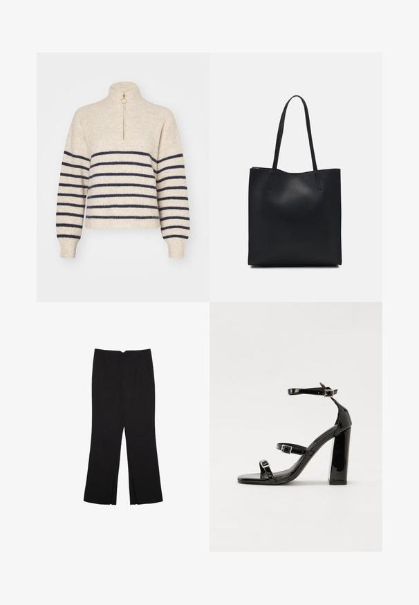 Beige sweater med marineblå vandrette striber, høj krave og halv-zip lukning. Fremstillet af et tekstureret strikket stof med ribbede manchetter.; Sorte bukser med lige pasform, der har frontlommer og slidser i kanten. Lavet af blødt, glat stof. Velegnet til forskellige anledninger.; Sorte patenterede hælsandaler med firkantet tå, ankelremme og sølvspænder. Har en chunky blokHæl for stabilitet.; Sort læder tote taske med glat tekstur, rektangulær form og to lange hanke. Ingen synlig hardware eller udsmykninger.