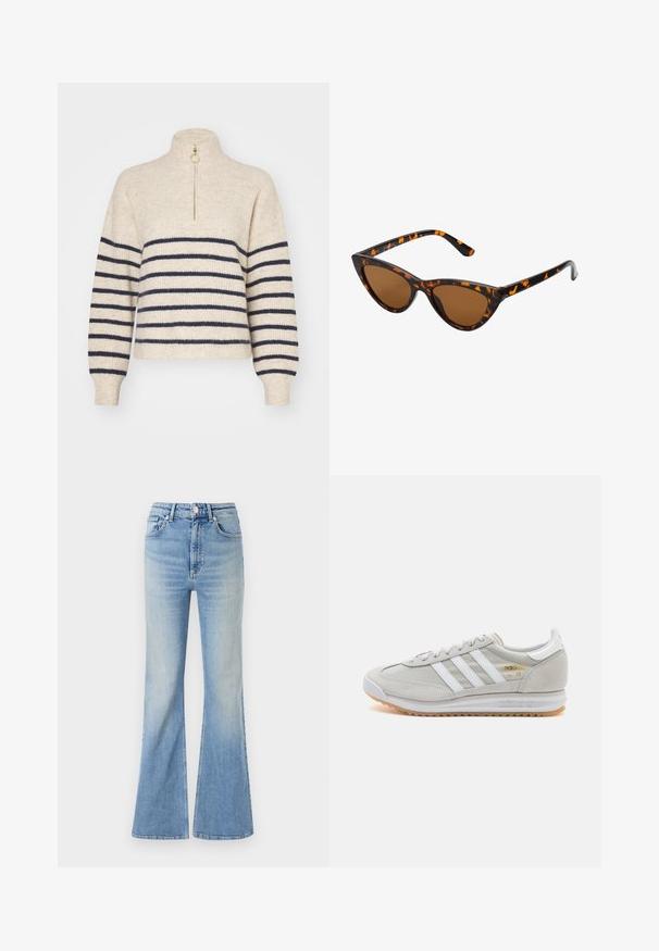 Beige trui met marineblauwe horizontale strepen, hoge kraag en een half-rits sluiting. Gemaakt van een geweven textiel, met geribde mouwen.; Lichtblauwe flared jeans van denim, met een hoge taille, vijf zakken en een subtiele gradient vervaging naar de zoom toe.; Lichtgrijze sneaker van suede en mesh, met drie witte strepen, ronde neus en een gumrubberen zool. Gouden logo-accent bij de veters.; Cat-eye zonnebril met een zwart en oranje schildpadframe, bruine lenzen en slanke, puntige uiteinden. Bevat een minimalistisch logo op de poot.