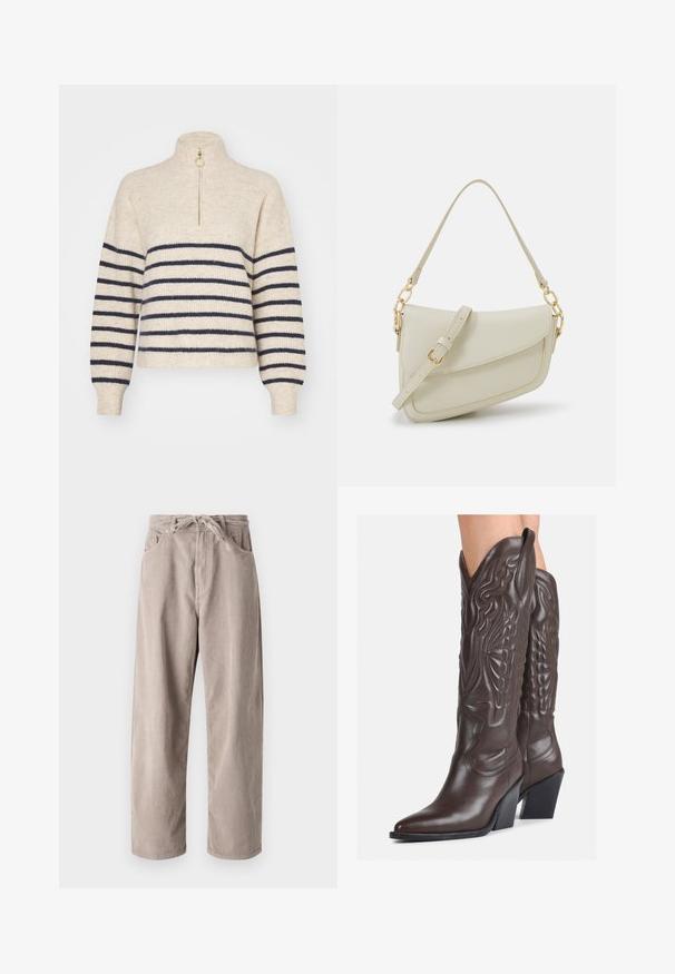 Bēšas krāsas džemperis ar tumši zilu horizontālu svītru, augstu apkakli un puscietu aizdari. Izgatavots no strukturētas adītās auduma, ar ribotām aprocēm.; Bežīgas korduroja bikses ar brīvu piegriezumu, ar saistāmām jostām, divām priekšējām kabatām un vertikālu ribotu tekstūru.; Brūni ādas kovboju zābaki ar norādītu purngalu un blokveida papēdi, ar detalizētu šūšanu un paceltiem akcentiem uz kājas daļas.; Maza krēmkrāsas rokas soma ar teksturētu apdari, garu regulējamu siksniņu, ķēdes akcentu un vāciņa aizdari. Zelta aparatūras detaļas.; Zelta auskari ar gludu, spīdīgu apdari. Apaļš dizains, kas ietver mazu tapu un caurspīdīgu pamatni drošai valkāšanai.