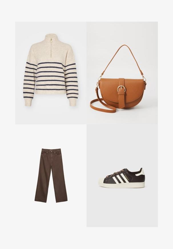 Beige sweater with navy horizontal stripes, high collar, and a half-zip closure. Made from a textured knit fabric, with ribbed cuffs.; Wide-leg brown jeans made of denim, featuring a high waist, front pockets, and a classic button closure. Smooth texture with subtle stitching.; Low-top Adidas Superstar sneaker in dark brown leather with cream shell toe, white stripes, and "Superstar" text on the side.; Brown leather crossbody bag with a curved shape, gold hardware, and a buckle accent. Features a detachable shoulder strap.