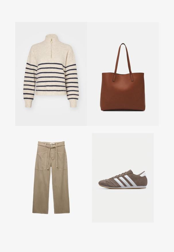 Beige svetr s námořnickými vodorovnými pruhy, vysokým límcem a poloviční zipovou úpravou. Vyrobeno z texturované pleteniny, s žebrovanými manžetami.; Beige kalhoty s širokými nohavicemi vyrobené z odolné tkaniny, s velkými předními kapsami, pleteným páskem a decentními stehmi.; Hnědá semišová sportovní bota s bílými pruhy, kulatou špičkou, šněrováním a gumovou podrážkou. Texturovaný svršek s švy.; Hnědá kožená taška přes rameno s hladkou texturou, otevřeným designem a dvěma ramenními popruhy. Obsahuje minimální švy a žádné viditelné kovové prvky.
