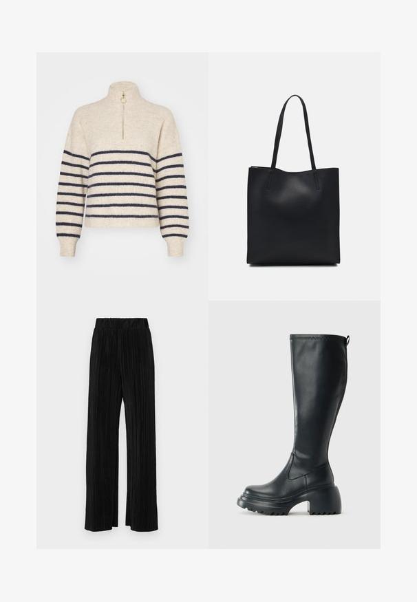 Beige sweater with navy horizontal stripes, high collar, and a half-zip closure. Made from a textured knit fabric, with ribbed cuffs.; Black pleated trousers with an elastic waistband. Features wide legs and a smooth, textured fabric with vertical stripes.; Tall black leather boot with chunky platform sole and block heel, featuring pull tab and textured tread on outsole.; Black leather tote bag with smooth texture, rectangular shape, and two long handles. No visible hardware or embellishments.