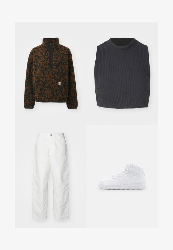 Carhartt WIP ELLIOT HIGH NECK - Fliisdžemper - camo leo/tamarind/black; Tumesama ribaga tipp tumesinis sinises, millel on kõrge kaelus ja diskreetne Nike logo. Kangas on tekstuuriga ja veniv.; Valged teksapüksid, millel on lõdvema lõikega, küljetaskud ja silmapaistvad õmblused. Ees on ühtlane, nööbiga sulgemine.; Valged kõrged tennisekesed, mis on valmistatud nahast, pehmendatud krae, augustatud varvas, nöörid ja reguleeritav pahkluu rihm; logo külgedel.