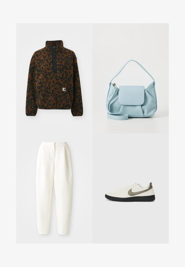 Carhartt WIP ELLIOT HIGH NECK - Fleece trui - camo leo/tamarind/black; Hoog-waisted witte tapered broek met een verborgen sluiting aan de voorkant en zijzakken, weergegeven tegen een effen witte achtergrond.; Nike Sportswear FIELD GENERAL - Sneakers laag - off-white/black; Lichtblauwe leren handtas met een bovenhandvat, een voorklepzak en een afneembare polsband op een witte achtergrond.