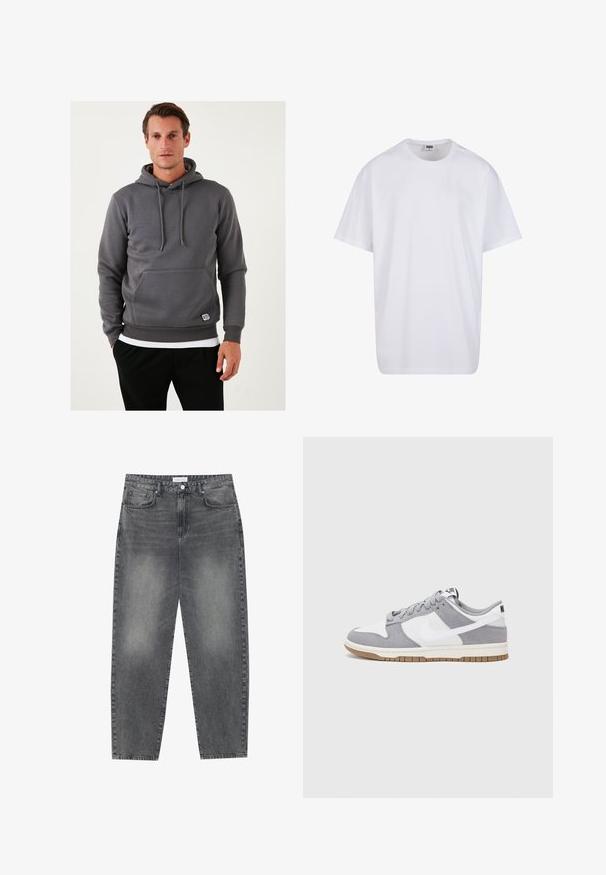 Siva kapuljača s džepom kangur, vezicama, rebrastim manžetama i donjim rubom. Teksturalna tkanina s malim logom na prednjoj strani.; Bijela pamučna majica s kratkim rukavima, zaobljenim izrezom, opuštenog kroja, bez vidljivih logotipa ili uzoraka. Glatka tekstura i minimalni dizajn.; Traperice visokog struka, širokog kroja u izblijedjelom crnom denimu. Imaju pet džepova, petlje za remen, i čist, ravni kroj nogu.; Sivi i bijeli tenisice s gornjištem od antilopa i kože, okruglim vrhom, ravnim vezicama i gumenim potplatom s dodatkom boje gume.