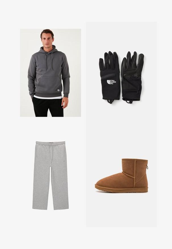 Siv hoodie s kapuco z kengurujem, z žepi, vrvicami, rebrastimi zapestniki in obrobom. Teksturovana tkanina z majhno logotipno nalepko na sprednji strani.; Sive bombažne hlače za prosti čas z elastičnim pasom, vrvico in dvema stranskima žepoma; ravna zasnova nogavic, mehak material, brez vzorcev.; Rjave semiš gležnjače s zaobljenim nožnim prstom, fleksibilnim gumiranim potplatom i ojačanim šavovima. Uključuje i potporu za vuču straga.; Črne rokavice, izdelane iz mešanice teksturirane tkanine in usnja. Značilnosti vključujejo ojačane konice prstov, tiskano logo in varne zapestnice.