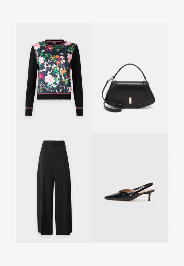 Ladies' sweater featuring a floral pattern in pink, red, and green on a navy background, with black sleeves and a striped hem.; Black wide-leg trousers with a high waist and a belt. Features a smooth texture and clean lines, designed for a relaxed fit.; Black patent leather slingback pump with a pointed toe, small heel, and a cutout design on the vamp. Gold-tone hardware accent on the side.; Black leather handbag with a structured design, featuring a cropped shape, top handle, and gold hardware accent. Adjustable shoulder strap included.