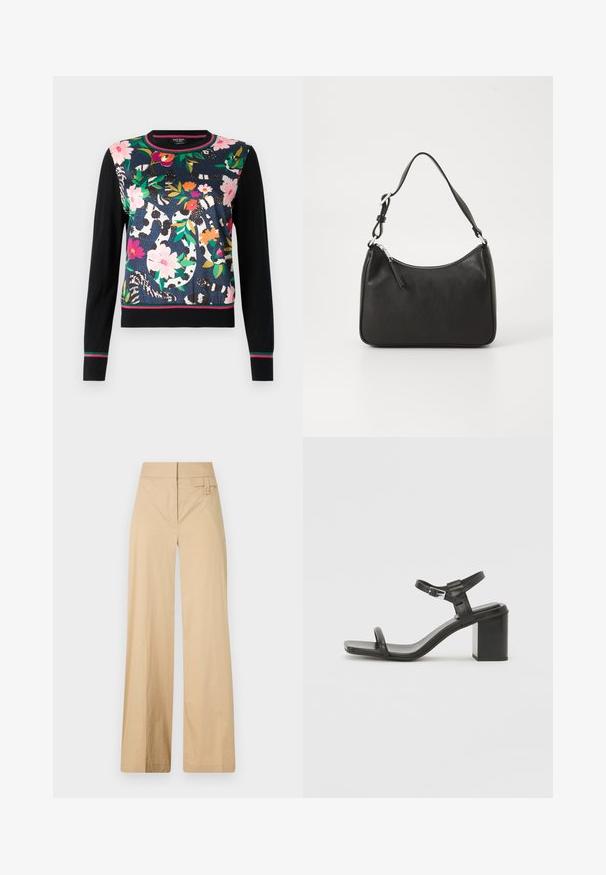 Moteriškas megztinis su gėlių raštu rožinės, raudonos ir žalios spalvos ant tamsiai mėlyno fono, su juodomis rankovėmis ir dryžuotu apvadu.; Smėliniai plačiakelniai kelnių pagaminti iš medvilnės ir sintetinės medžiagos mišinio. Turi lygų tekstūrą, elastingą juosmenį ir šoninį mygtuko akcentą.; Juodas odinis blokinis kulnas sandalas su plačia juostele per pirštus ir reguliuojama kulkšnies juostele, pasižymintis elegantišku, minimalistiniu dizainu.; Juoda odinė rankinė su išlenkta forma, viena dirželiu, užtrauktuko uždarymu ir subtiliu ženklinimu priekyje. Lygus paviršius, minimalistinis dizainas.