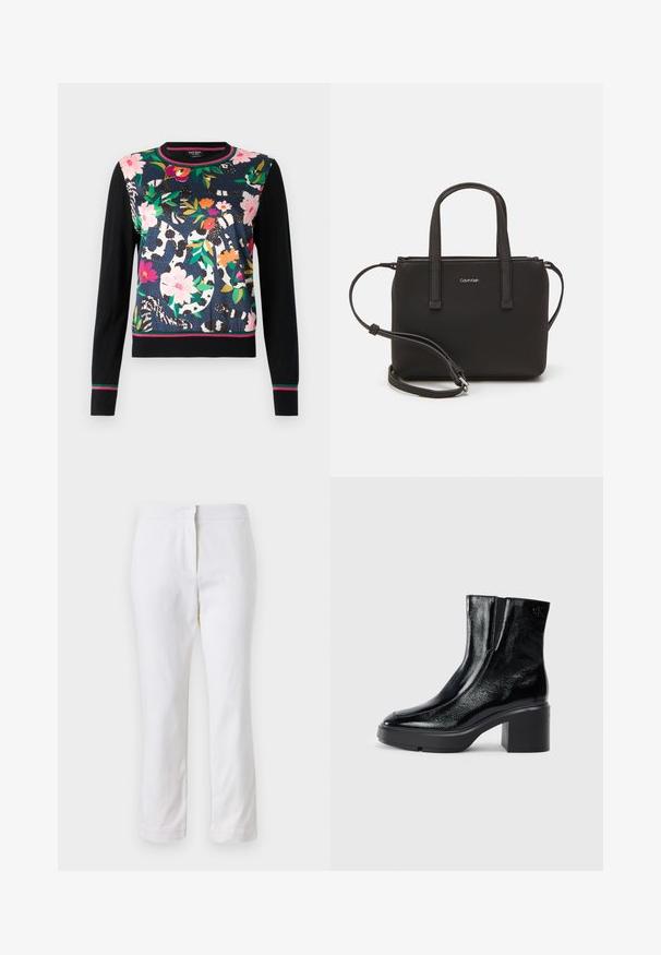 Dāmu džemperis ar ziedu rakstu rozā, sarkanā un zaļā krāsā uz tumši zila fona, ar melnām piedurknēm un svītrotu apakšmalu.; Baltas kokvilnas bikses ar taisnu kāju dizainu, ar vidēju augstumu un bez redzamām detaļām vai rakstiem. Visā virsmā ir gluda tekstūra.; Melnas lakotas ādas potītes zābaki ar izliekto purngalu, elastīgām sānu paneļiem un masīvu blokveida papēdi. Aizmugurē ir izsistā logo.; Melns roku soma ar divām īsām rokturiem un noņemamu plecu siksnu. Gluda ādas līdzīga materiāla ar rāvējslēdzēja aizdari un logos detaļu.