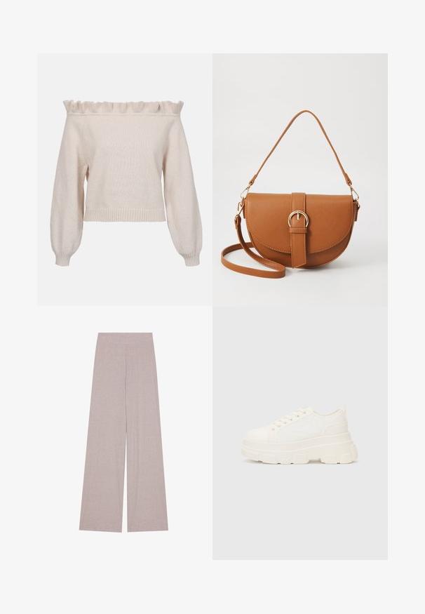 Sweater creme à off-the-shoulder com decote em babados, mangas bufantes longas e bainha canelada; feito de um tecido de malha suave e texturizado.; Calças de perna larga em bege claro, textura estriada, cintura elástica, forma fluida. O tecido parece suave e respirável. Sem hardware ou detalhes visíveis.; Sapatilhas brancas em lona com sola espessa, biqueira arredondada e cinco ilhós para atacadores. Laço traseiro para calçar facilmente. Textura suave, design minimalista.; Bolsa transversal de couro castanho com um formato curvado, ferragens douradas e um detalhe de fivela. Inclui uma alça de ombro destacável.