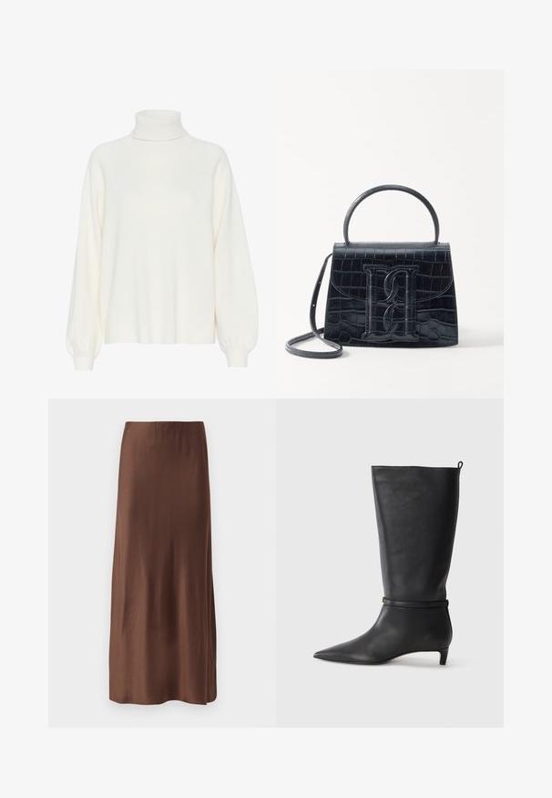 Sweater de gola alta em creme com uma textura macia e tricotada. Apresenta mangas longas com punhos canelados e um design de ajuste relaxado.; Saia midi de seda castanha com uma textura suave, apresentando um corte reto e sem padrões ou adornos visíveis. Design simples e elegante.; Bota preta de couro até ao joelho com bico fino, realçada por uma tira circular ao redor do tornozelo e um salto baixo e afunilado. Textura suave.; Bolsa de pele preta com estampa de crocodilo, de design estruturado, com alça de mão, correia ajustável e um detalhe de logotipo em destaque na frente.