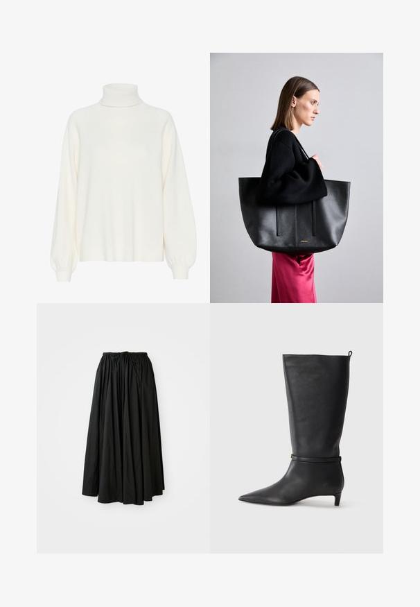 Crème col roulé trui met een zachte, gebreide textuur. Heeft lange mouwen met ribgebreide manchetten en een ontspannen pasvorm.; Zwarte, enkellange rok van lichtgewicht stof. Heeft een verzamelde tailleband met een trekkoord voor een verstelbare pasvorm en een uitlopende silhout van.; Zwarte leren kniehoog laars met een spitse neus, accentueert door een ronde band rond de enkel en een lage, taps toelopende hak. Glad textuur.; Zwarte leren draagtas met een gestructureerde afwerking, voorzien van twee verticale lijnen, dubbele schouderbanden en een minimalistisch ontwerp.