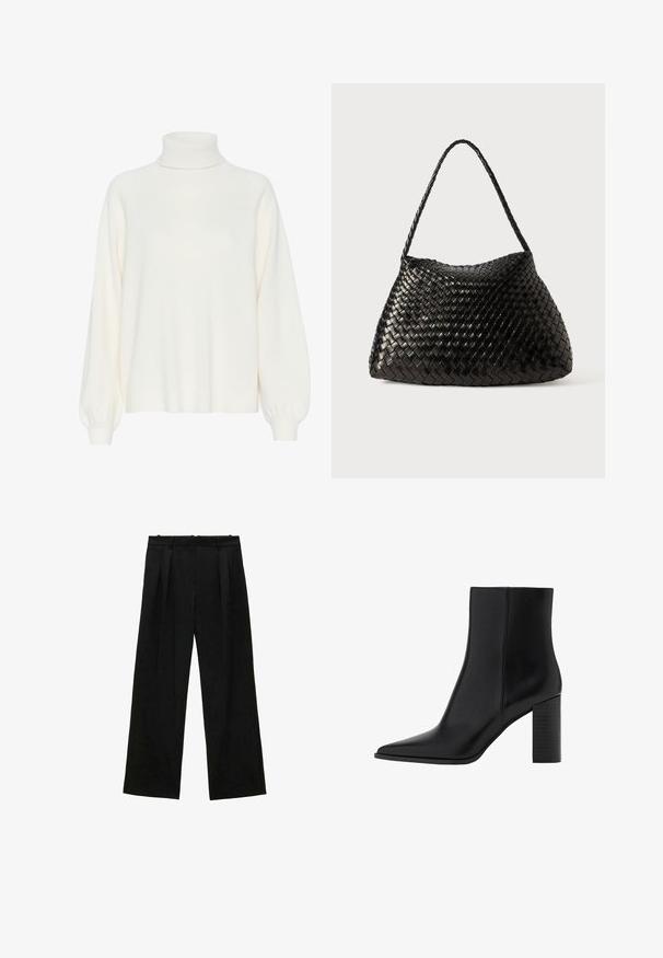 Krémový rolákový svetr s měkkou pletenou texturou. Má dlouhé rukávy s žebrovanými manžetami a volnější střih.; Černé široké kalhoty s plisováním, s hladkou texturou a vysokým pasem. Minimalistický styl, žádné viditelné kovové prvky nebo ozdoby.; Černé kožené kotníkové boty s špičatou špičkou, čtveratým podpatkem, hladkou texturou a švy podél spojů. Výška podpatku je přibližně 8,9 centimetrů.; Černá tkaná kožená kabelka s zakřiveným, měkkým tvarem a jedním pleteným popruhem, s hladkou texturou a složitým vzorem.