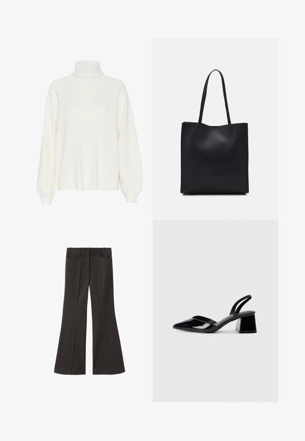 Beige Rollkragenpullover mit einer weichen, gestrickten Textur. Hat lange Ärmel mit gerippten Bündchen und ein entspanntes Design.; Schwarze, weit geschnittene Hosen mit hoher Taille; verfügt über zwei Fronttaschen und eine glatte Stoffoberfläche. Geeignet für verschiedene Anlässe.; Schwarze Lackleder-Slingback-High Heels mit spitzem Schuh und einem geometrischen Blockabsatz. Verfügt über ein schlankes, minimalistisches Design und eine glatte Textur.; Schwarze Laptoptasche aus Leder mit glatter Textur, rechteckiger Form und zwei langen Griffen. Keine sichtbaren Beschläge oder Verzierungen.